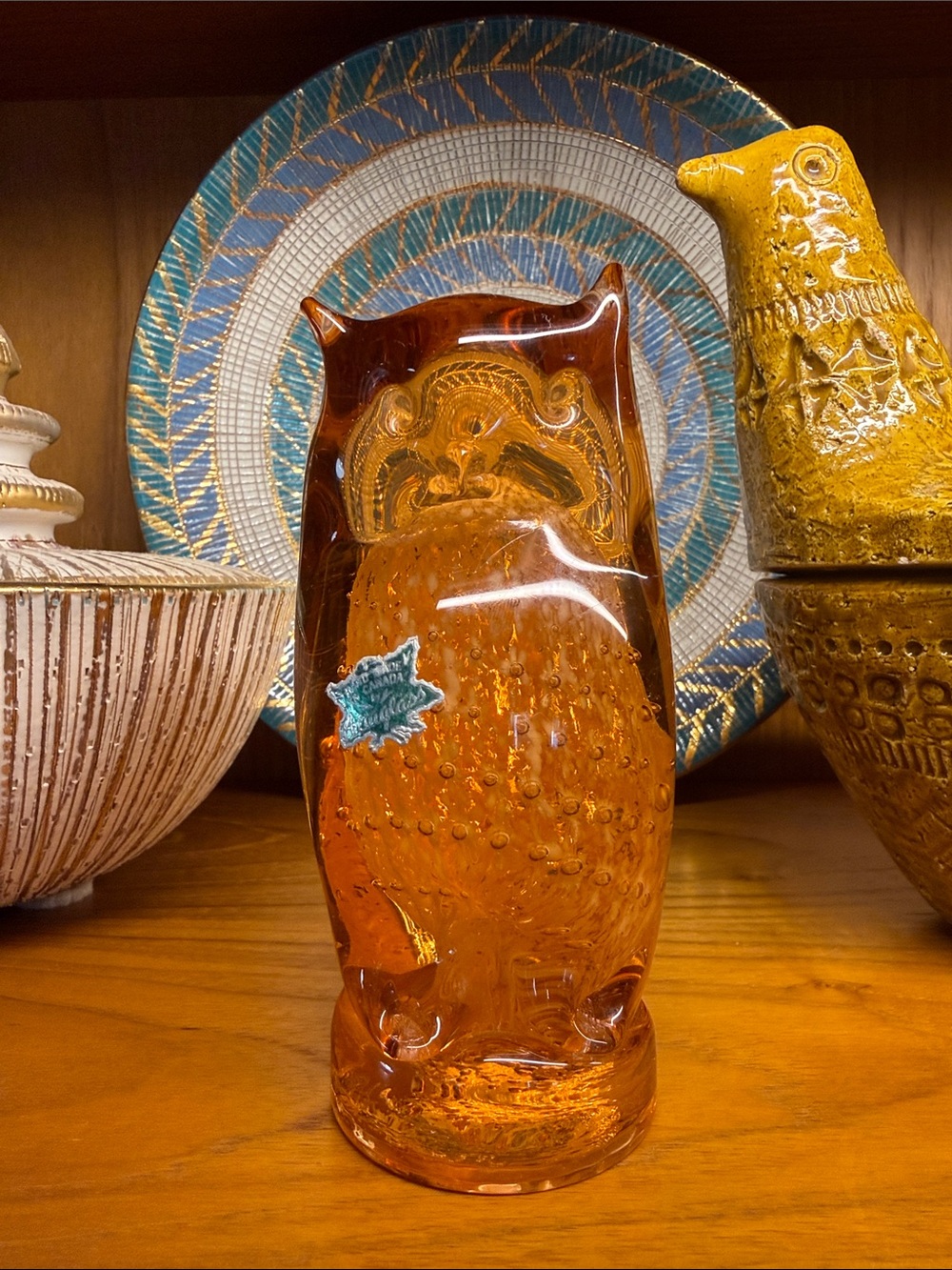 Alta glass Amber Glass Owl paperweight handblown
